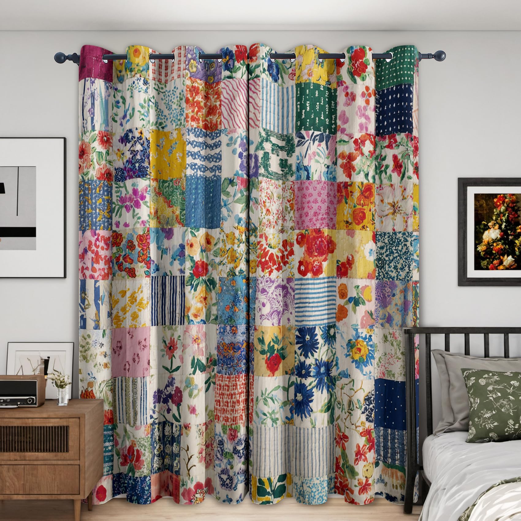 Rideaux fleurs patchwork 140x200 pour une ambiance rustique de chambre
