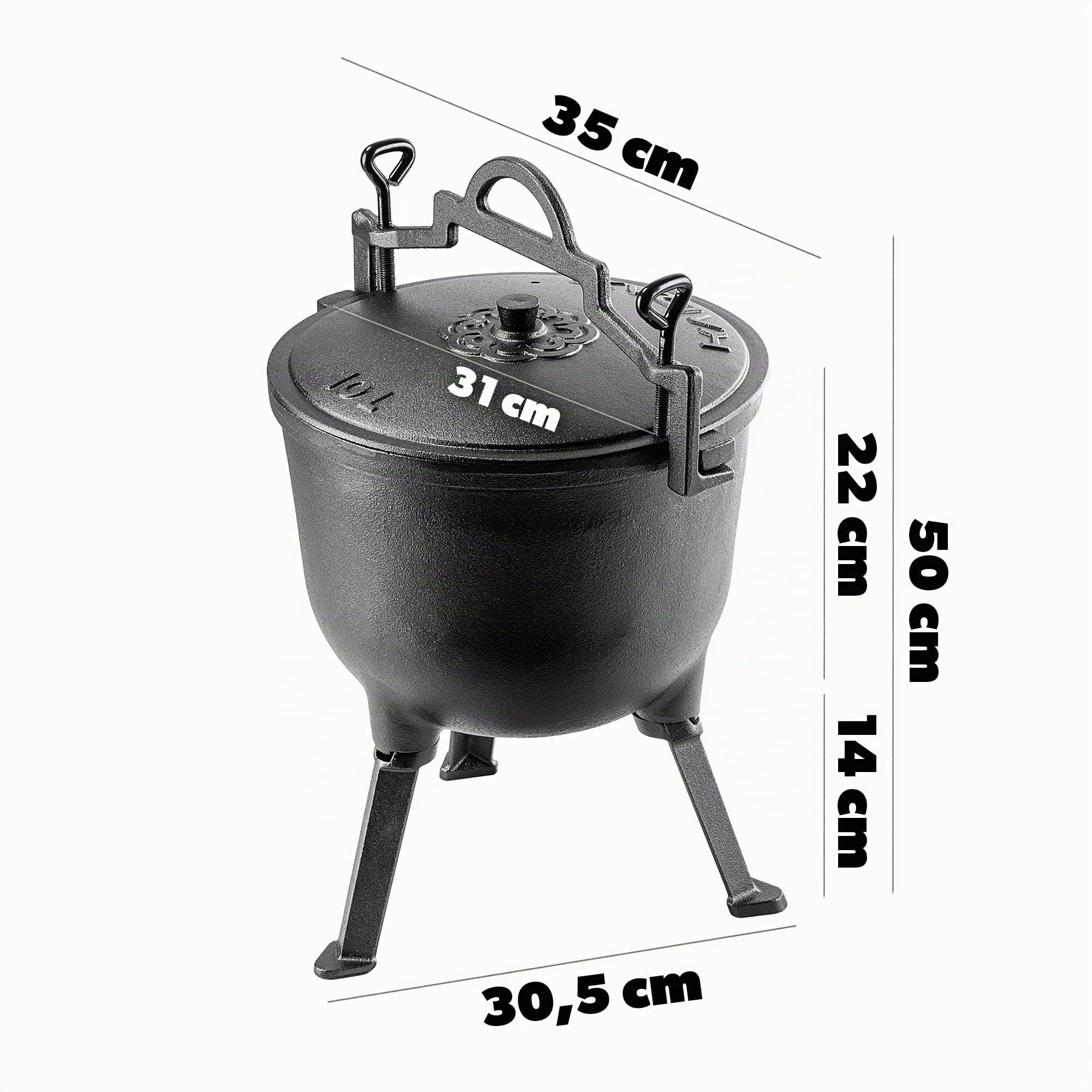 KADAX Jagdkessel 10L, olla de hierro fundido con pies, olla de cocción lenta de hierro fundido, Dutch Oven para jardín, fogata, camping, barbacoa, olla de fuego con tapa