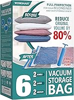 WOWSMART 6 Pack Vacuum Storage Bags with Hand Pump - 80% Space Saver Seals for Clothes, Blankets, Comforters & Travel Luggage