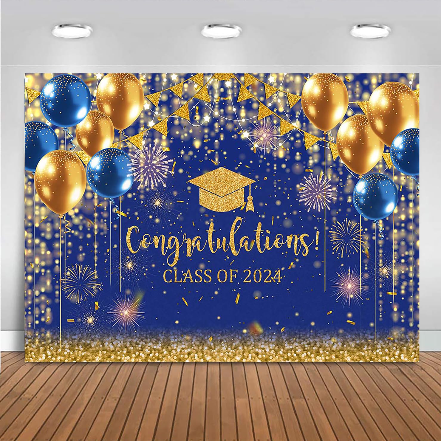 MocsickaBlue and Gold Graduation Backdrop 2023 Congratulations Glitter Balloons Photography Background Vinyl Class of 2023 Graduation Party Decorations Congrats Grad Photo Booth (8x6ft 2024)