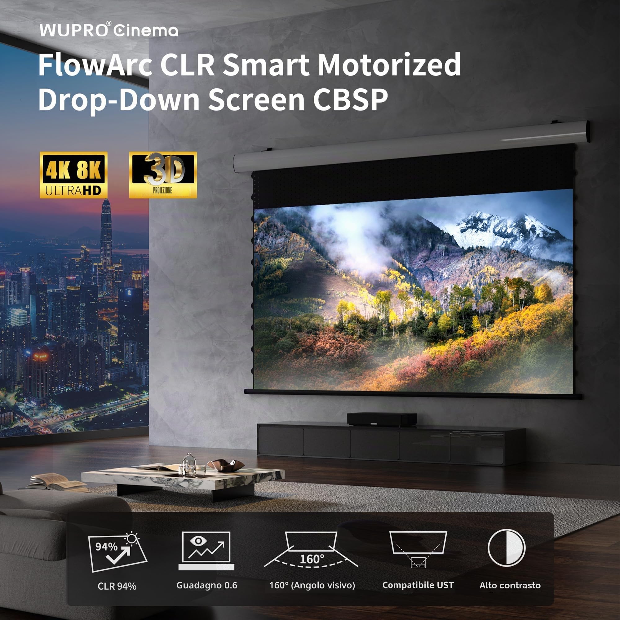 CBSP - Schermo a discesa motorizzato Deluxe, involucro in alluminio bianco 4K/8K, schermo CLR da incasso a soffitto, compatibile con proiettore Lumen fino a 1800 ANSI UST (100")