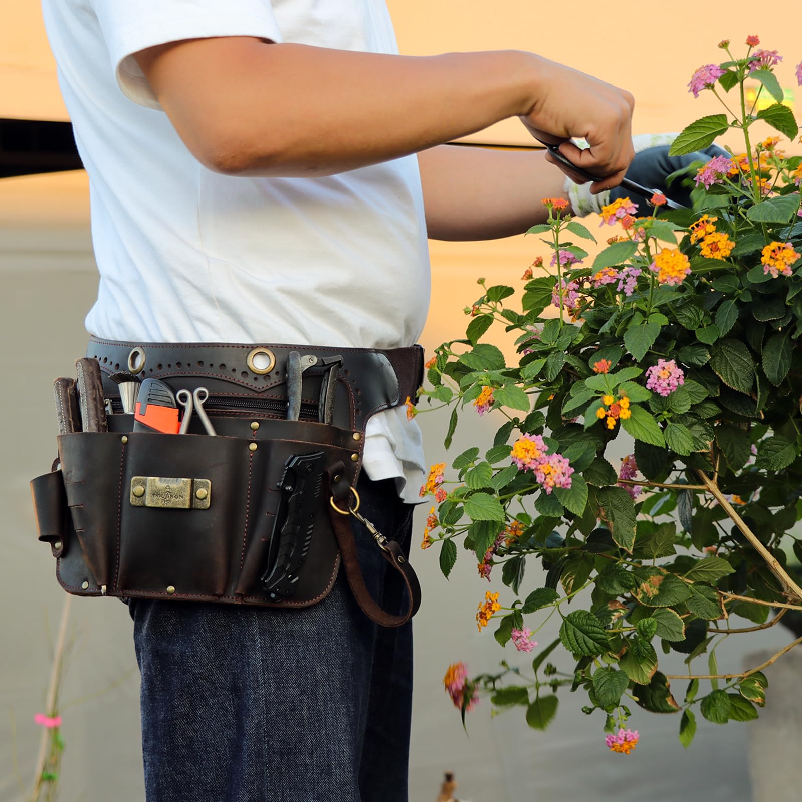 TOURBON - Bolsa de cuero genuino para cinturón de herramientas con trabilla ajustable para cinturón de martillo para electricistas, carpinteros, jardineros