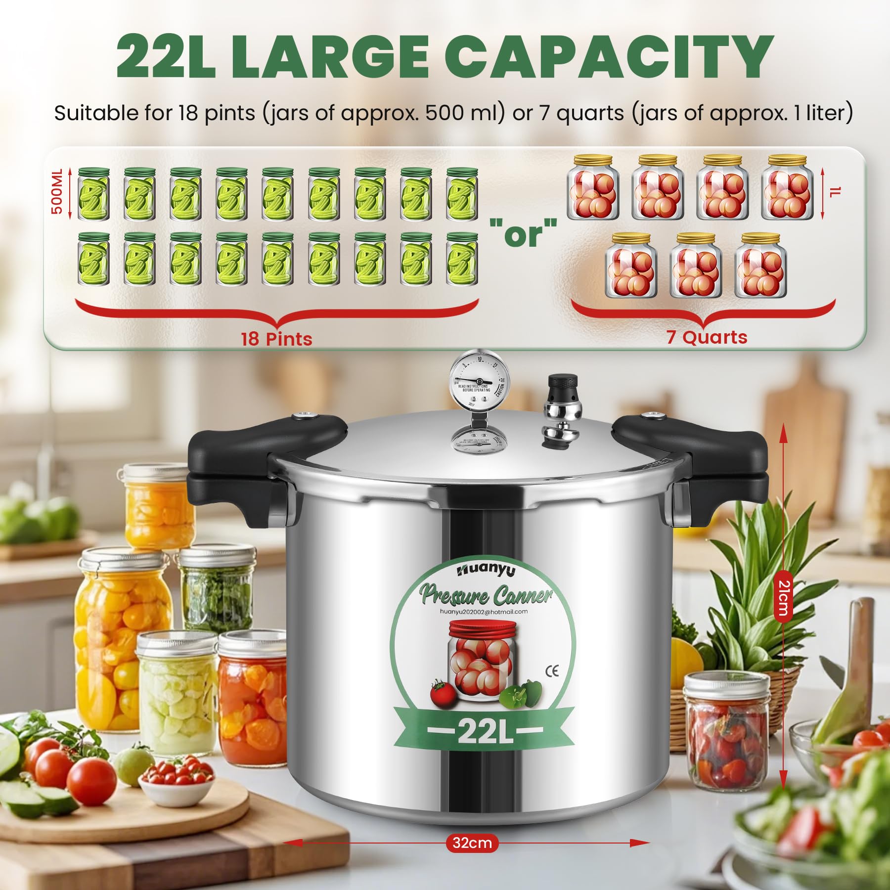 Huanyu 22L Pressure Canner con manometro e peso di pressione di 15PSI Sterilizzatore per lattine con base in lega compatibile con fornelli a induzione e a gas Pentole a pressione per l'inscatolamento