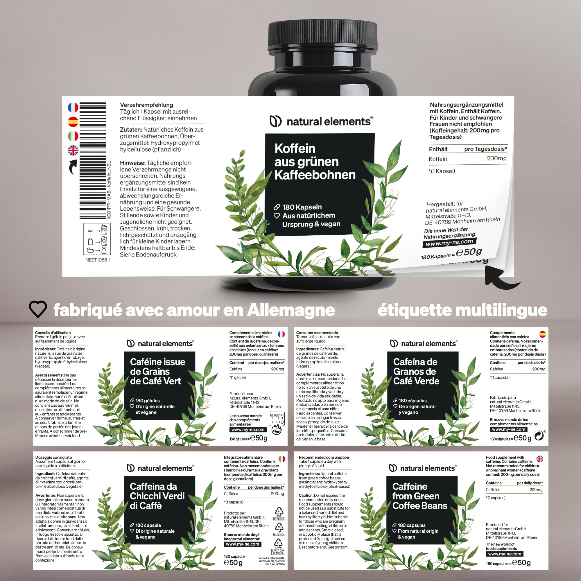 Gélules de caféine – 200 mg de caféine naturelle/gélule – 180 gélules – alternative naturelle aux comprimés de cafeine – végane, hautement dosé – produit et contrôlé en laboratoire en Allemagne