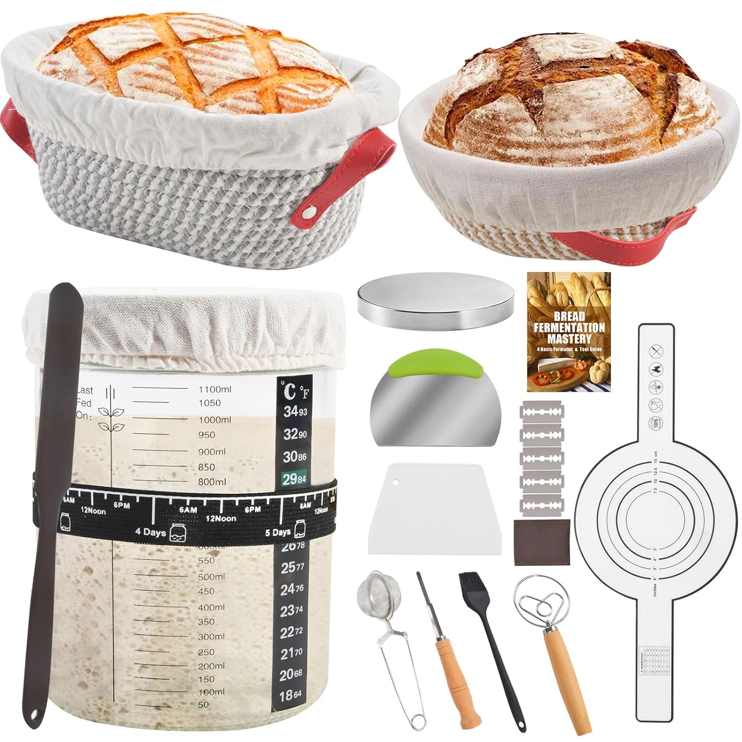 Foedo Kit iniciante de massa fermentada, suprimentos para assar pão fermentado com pote de 1,134 g, conjunto de cestas de algodão de 25,4 cm e 28 cm – ferramentas de pão…