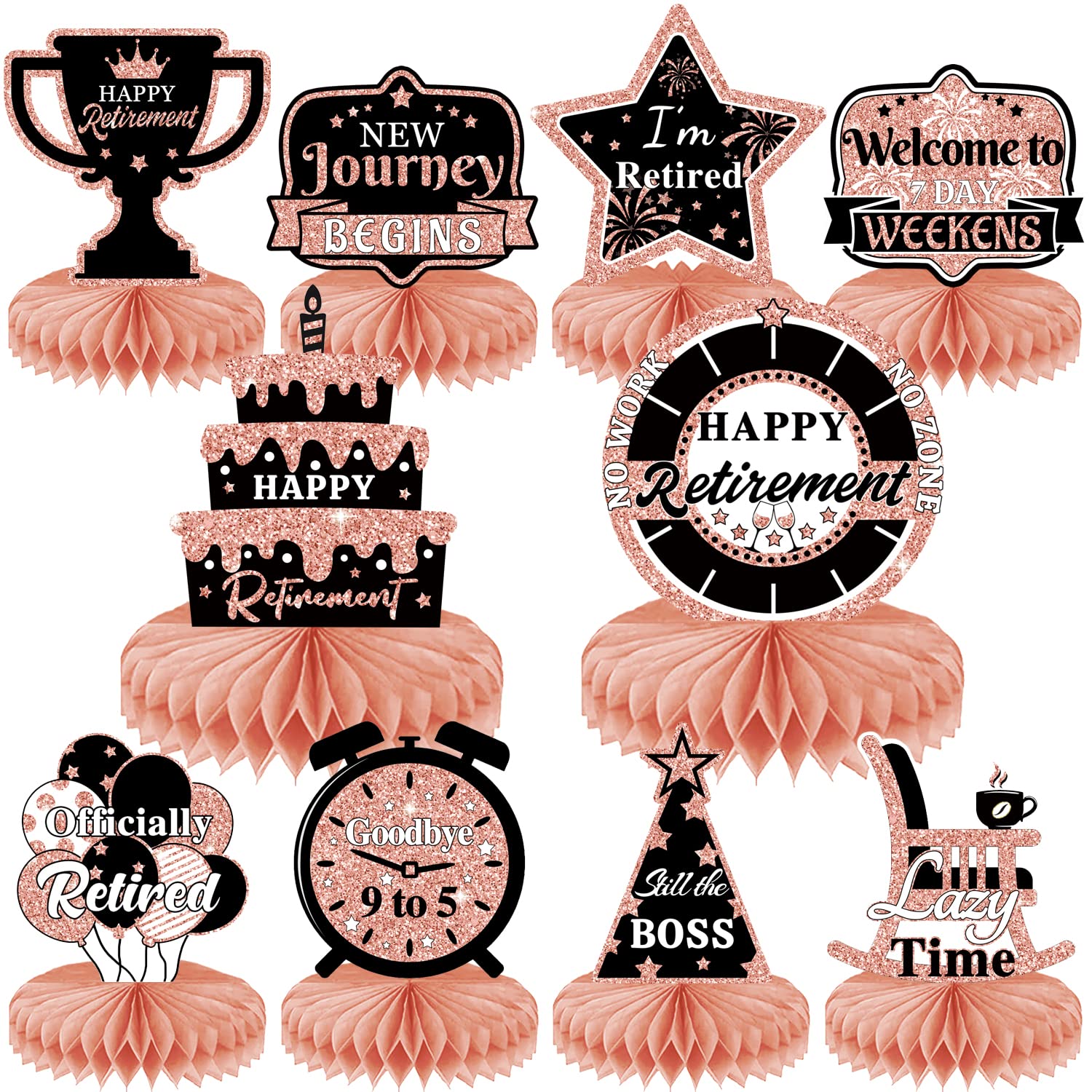 10PCS Retirement Party Decorations，Honeycomb Centerpieces Rose Gold Retirement Table Decorations for Party Supplies Women
