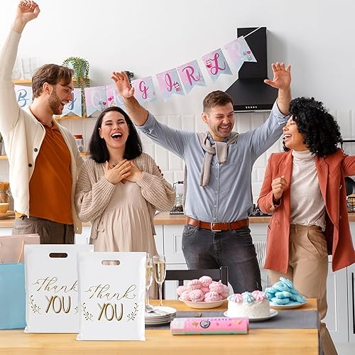 Miniatura 7 de POPGIFTU Bolsas de agradecimiento de 12 x 15 pulgadas, bolsa de compras de plástico blanco con asas troqueladas, paquete de 100 bolsas de mercancía