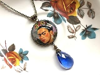 Gorgeous brass necklace with a Frida Kahlo pendant and blue teardrop glass bead, Selma Dreams