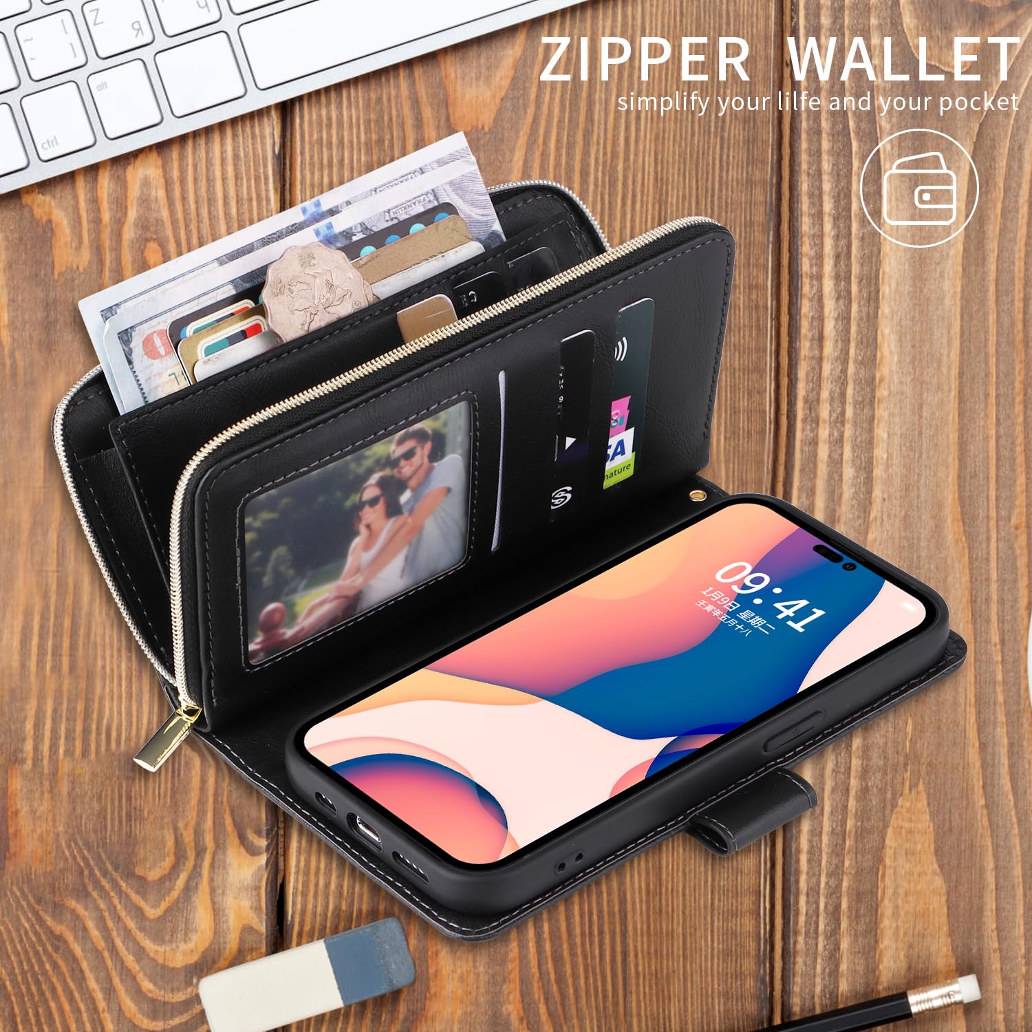 Unichthy For iPhone 16 Case 9 Card Holder Zipper Bag with Strap Shockproof Leather Flip Wallet Handbag Zip Pocket Phone Cover Stand Folio Magnetic Purse for iPhone 16 Black - Image 4