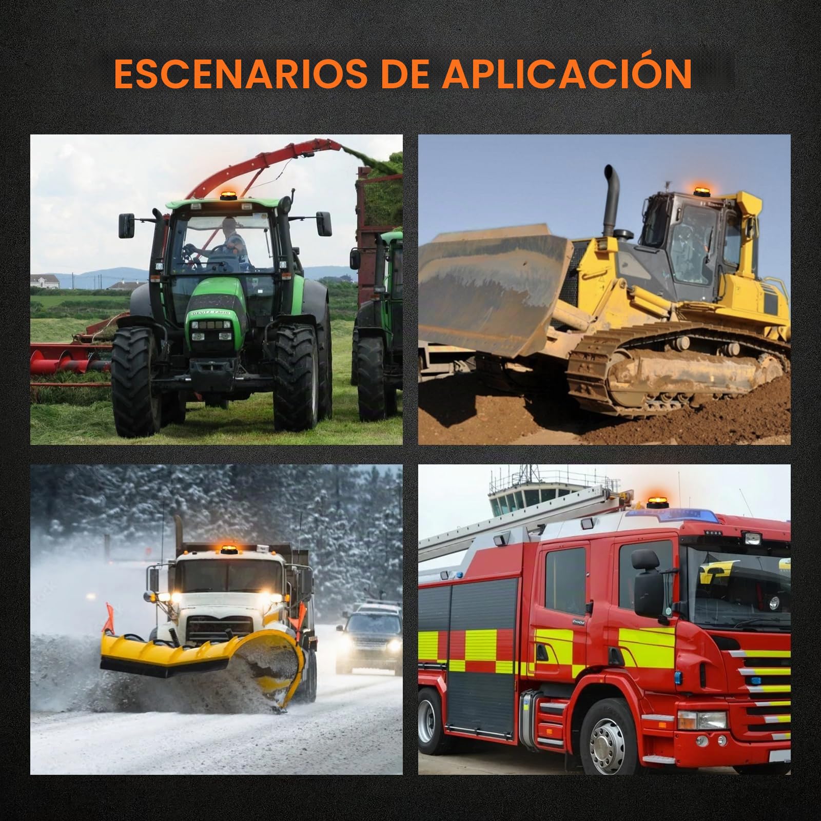 Advertencia Rotativo Beacon LED Naranja 12V 24V con 2 Rotación + 4 Strobe model, Luce intermitentes de emergencia orange Impermeable, E-marca,ECE R65,E9,R10-06