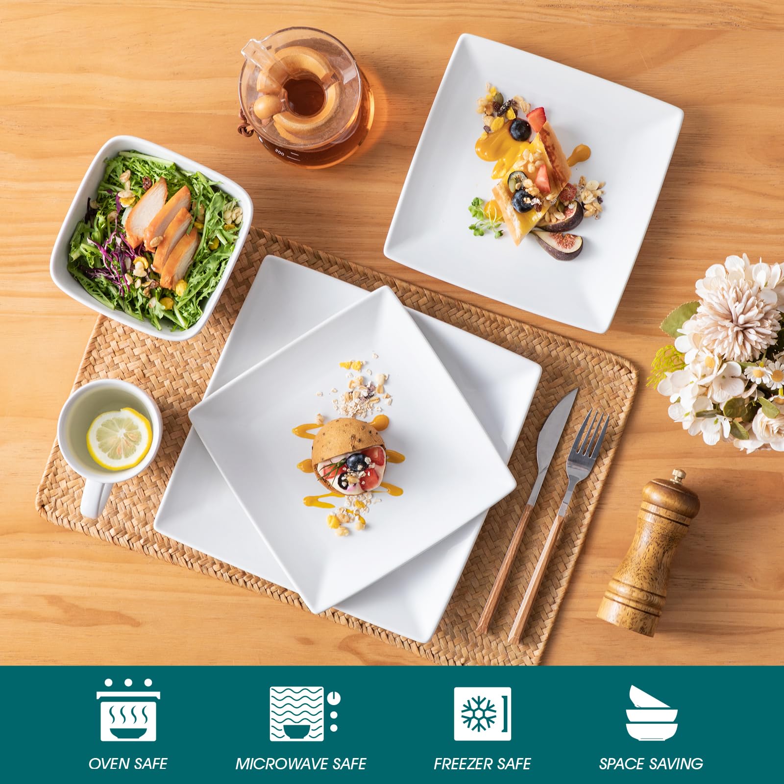 Geschirrset eckig, vancasso SOHO Tafelservice 6 Personen aus Steinzeug, 24tlg Geschirr modern mit Speiseteller, Dessertteller, Schüssel und Tassen