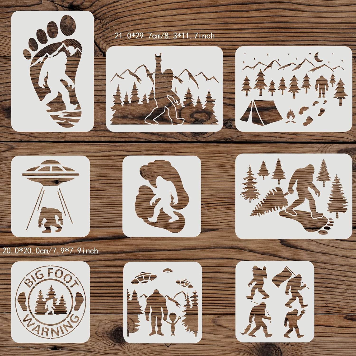 FINGERINSPIRE 9PCS Bigfoot Sasquatch Stencil - 2 Size Large Mountains Forest Painting Template - Reusable Plastic UFO Drawing, Tree, Tent, Flag Art for Home DIY Crafts