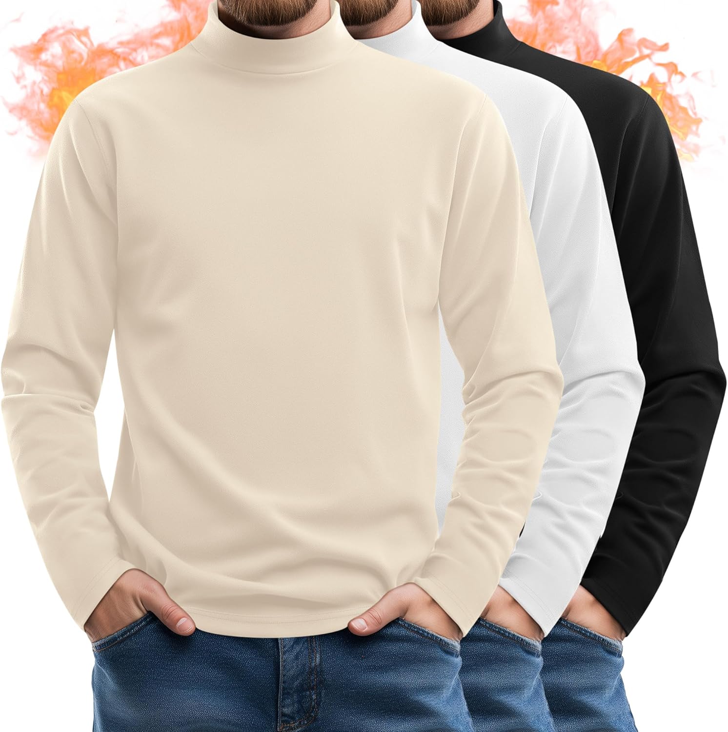 3 Pack Men's Long Sleeve Tees, Thermal Pullover Sweaters Mock Turtleneck Tops Basic Solid Undershirts