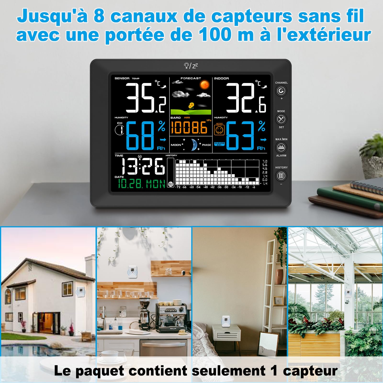 Urageuxy Station Meteo Sans Fil avec Capteur Extérieur Grand Écran Couleur, Thermomètre Intérieur Extérieur, Hygromètre, Prévisions Météo, Portée 100M, Pression Atmosphérique, Radio-Réveil DCF, Alarme