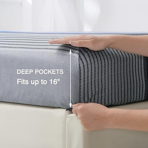 Miniatura 3 de 8HMOON Juego de sábanas a rayas de microfibra suave sin arrugas, 1 sábana bajera, 1 sábana encimera y 2 fundas de almohada, juego de ropa de cama de