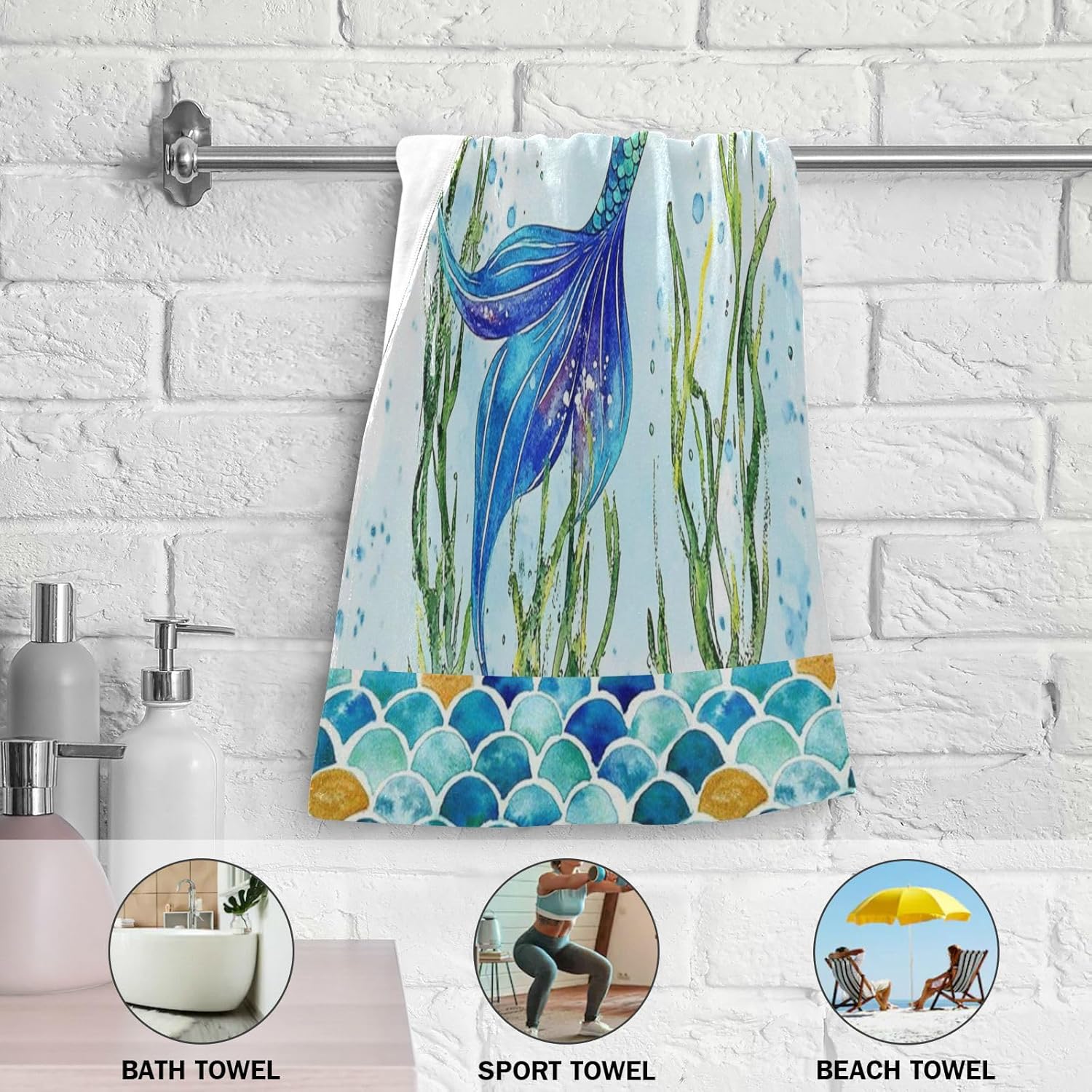 Pfrewn Retro Mermaid Hand Towels Set of 2 Bathroom Towel 16x30 in Soft Absorbent Guest Bath Towel Kitchen Dish Towel Spa Home Bathroom Decorations