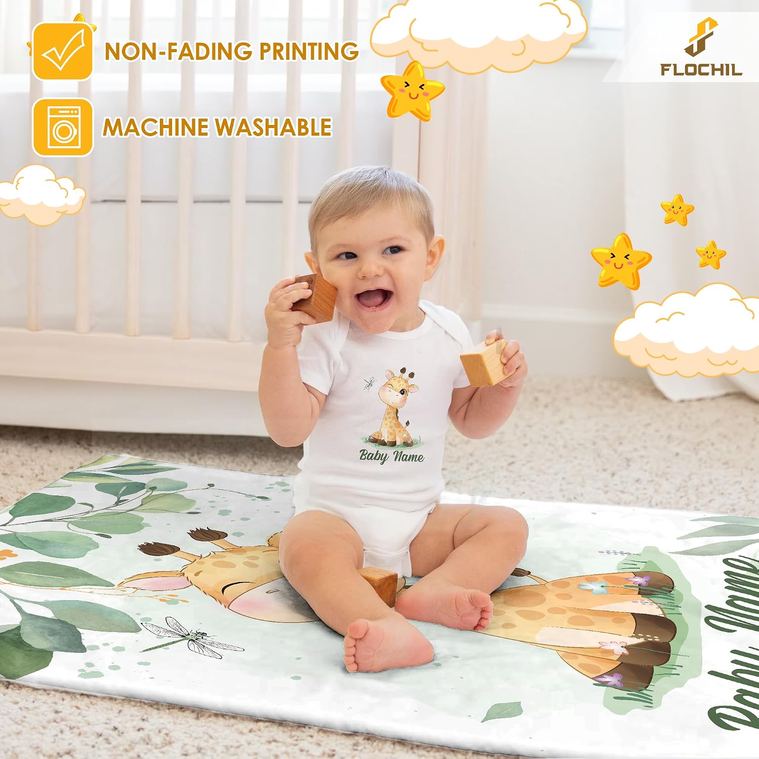 FLOCHIL Personalized Baby Blanket for Boys, Custom Baby Blanket with Name, Customized Giraffe Baby Blanket, Gift for Baby Shower, Toddler, Babies, Newborn
