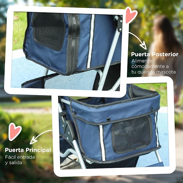 Foto 7 de 8 de PawHut Carrito para Perros Gatos Plegable hasta 10kg 75x45x97cm Azul Oscuro