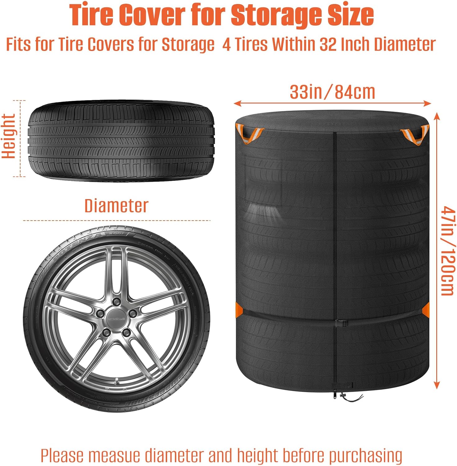 Tire Cover Diameter 33"x47"H, Heavy Duty Waterproof 600D Outdoor Tire Storage | Spare Tire Wheel Cover,Universal Truck Camper Tough Spare Tire Bag with Waterproof Zipper, Reflective Handles