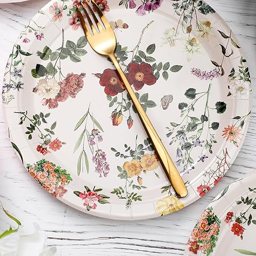 Miniatura 4 de Uiifan 36 platos de papel estilo vintage de flores silvestres, platos de papel de flores silvestres elegantes de 9 pulgadas, diseño de mariposas,