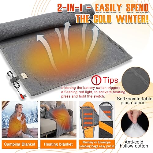 Miniatura 5 de Forro para saco de dormir con calefacción, almohadilla térmica USB para mochileros, camping, calentador eléctrico para saco de dormir (gris, 75 x 25