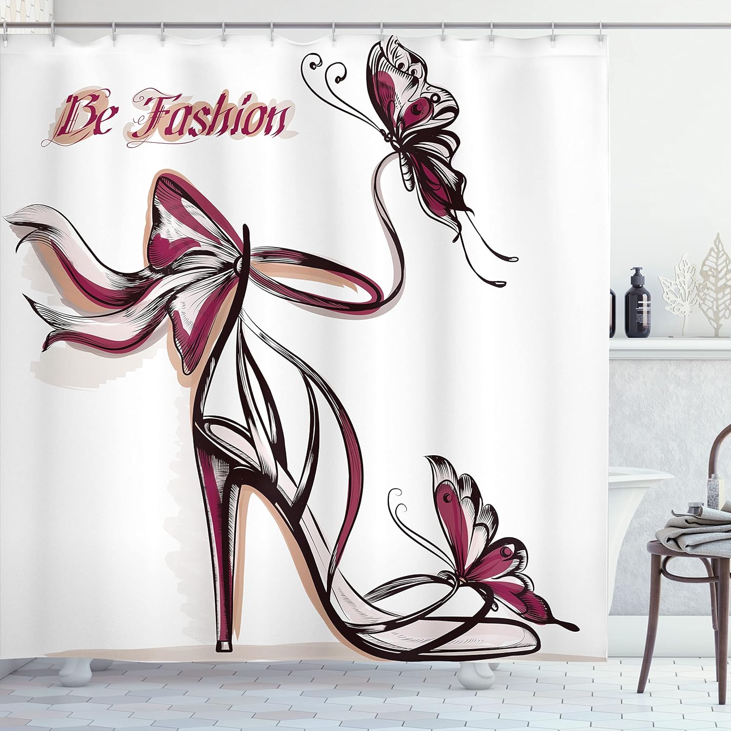 Ambesonne Pink Shower Curtain, High Heel Shoes with Butterfly and Ribbon Ornamentals Be Grace Spruceness Theme, Cloth Fabric Bathroom Decor Set with Hooks, 69" W x 70" L, Dried Rose Black