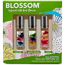 Blossom Roll on Perfume for Women Alcohol Free Rollerball Perfume Oil with Essential Oils, Infundido con Flores Reales, Hecho en EE.UU., 0.3oz, 3 pack Mini Gift Set, Hibiscus/Honey Jasmine/Rose