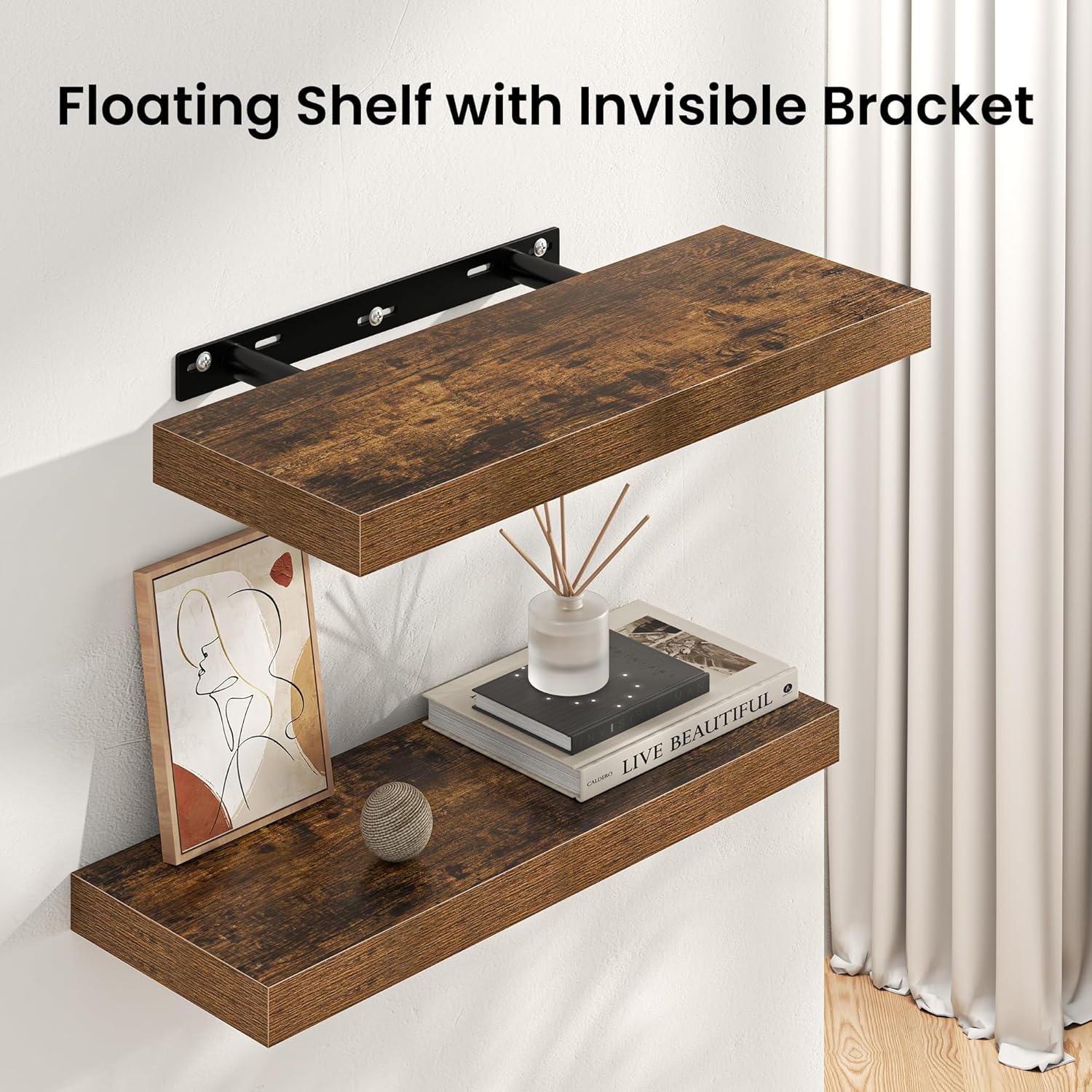Floating Shelves for Wall, 48"W x 9.3"D x 1.5"H, Wooden Wall Mounted Display Shelf with Invisible Brackets for Living Room, Bedroom, Bathroom, Kitchen Decor and Storage, Set of 1, Rustic Brown