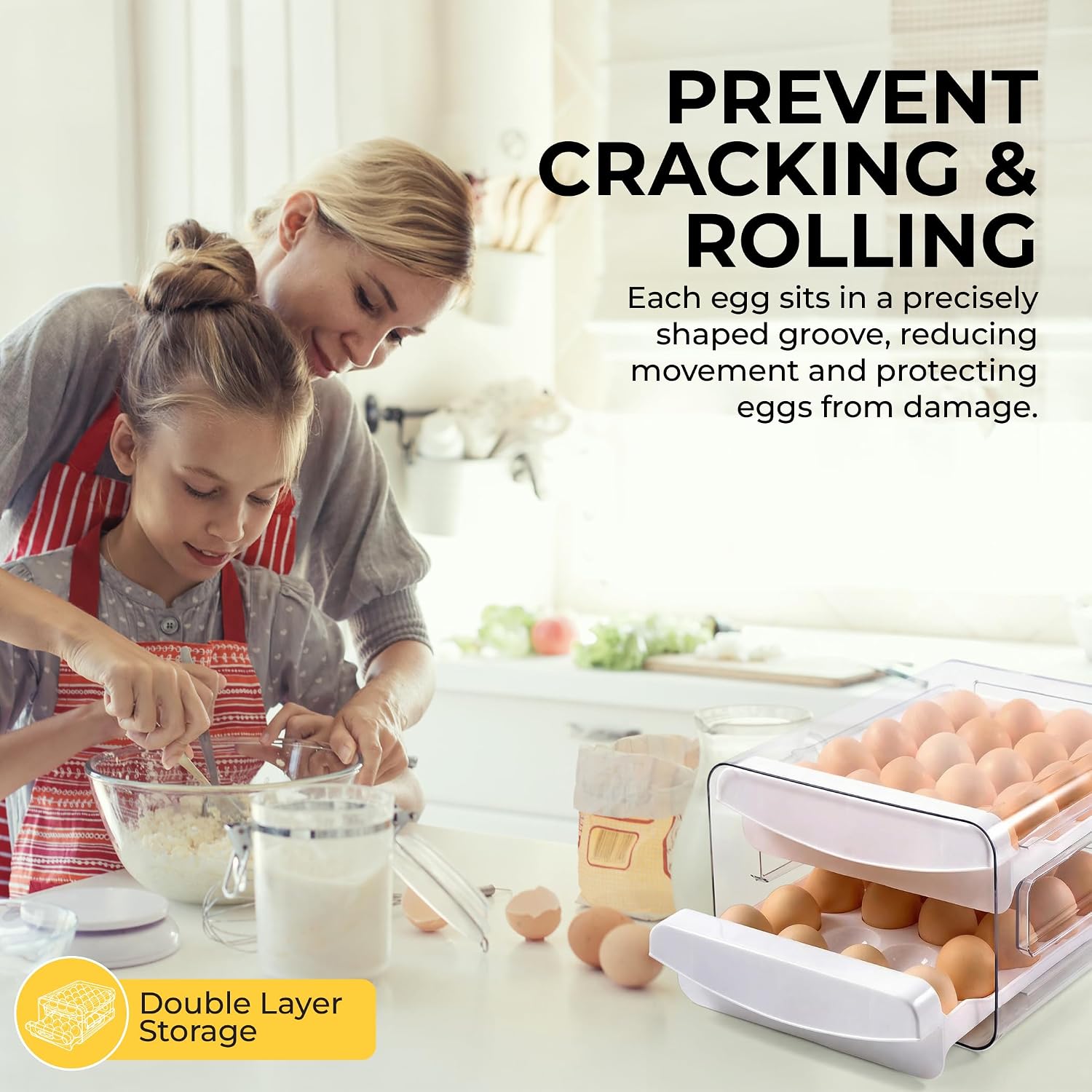 ALKAMI Egg Organizer for Refrigerator with Lid, Multi-Layer Egg Storage Container for Fridge 40 Eggs, Clear Plastic Dispenser Tray with Anti-Roll Cups, Large Capacity Space Saving Egg Bin