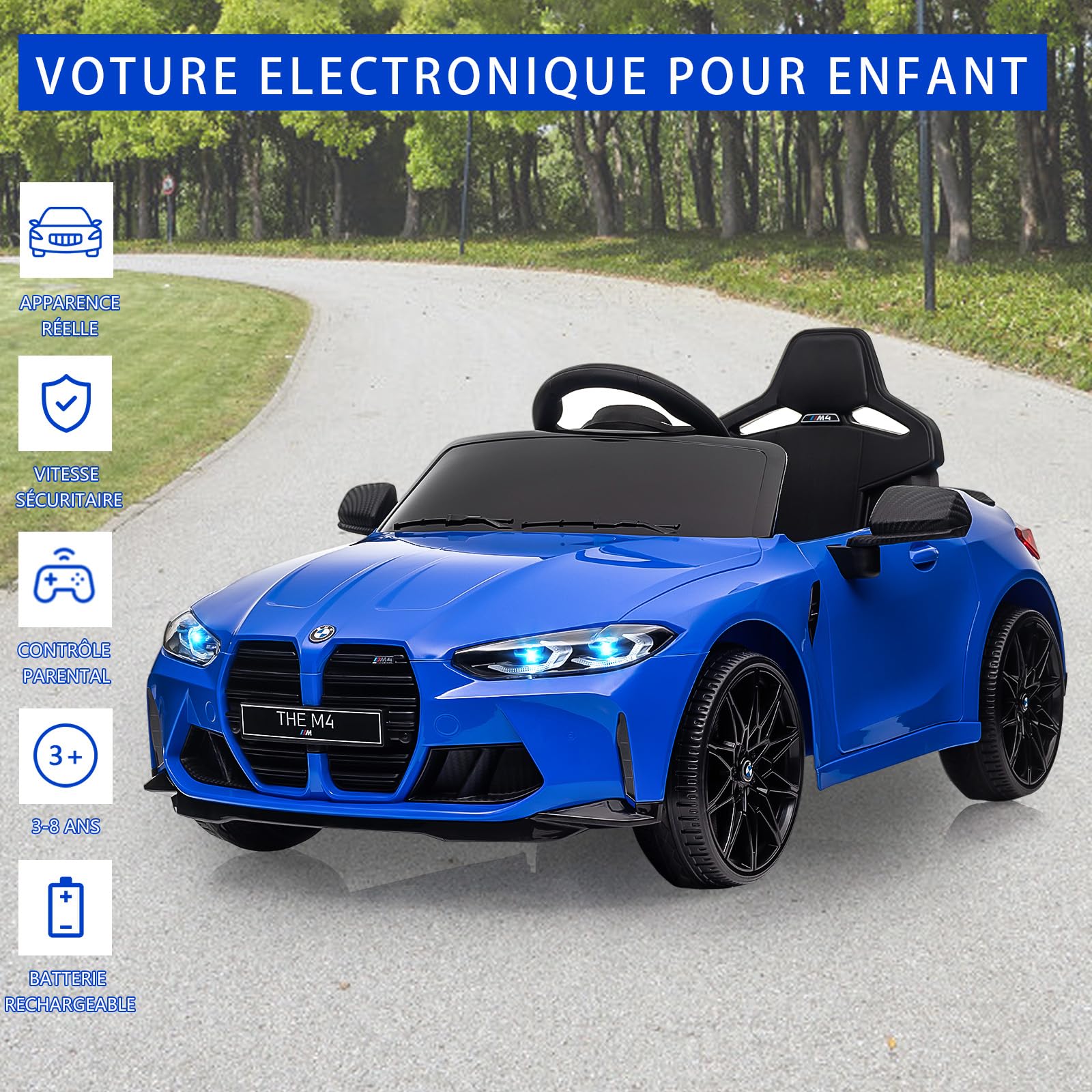 Garvee Voiture Électrique Enfant sous Licence BMW M4 avec Télécommandé, Véhicule Électrique 12V avec Vitesses 3 km/h, Klaxon, LED Et Musique, pour Enfants 3+ Ans