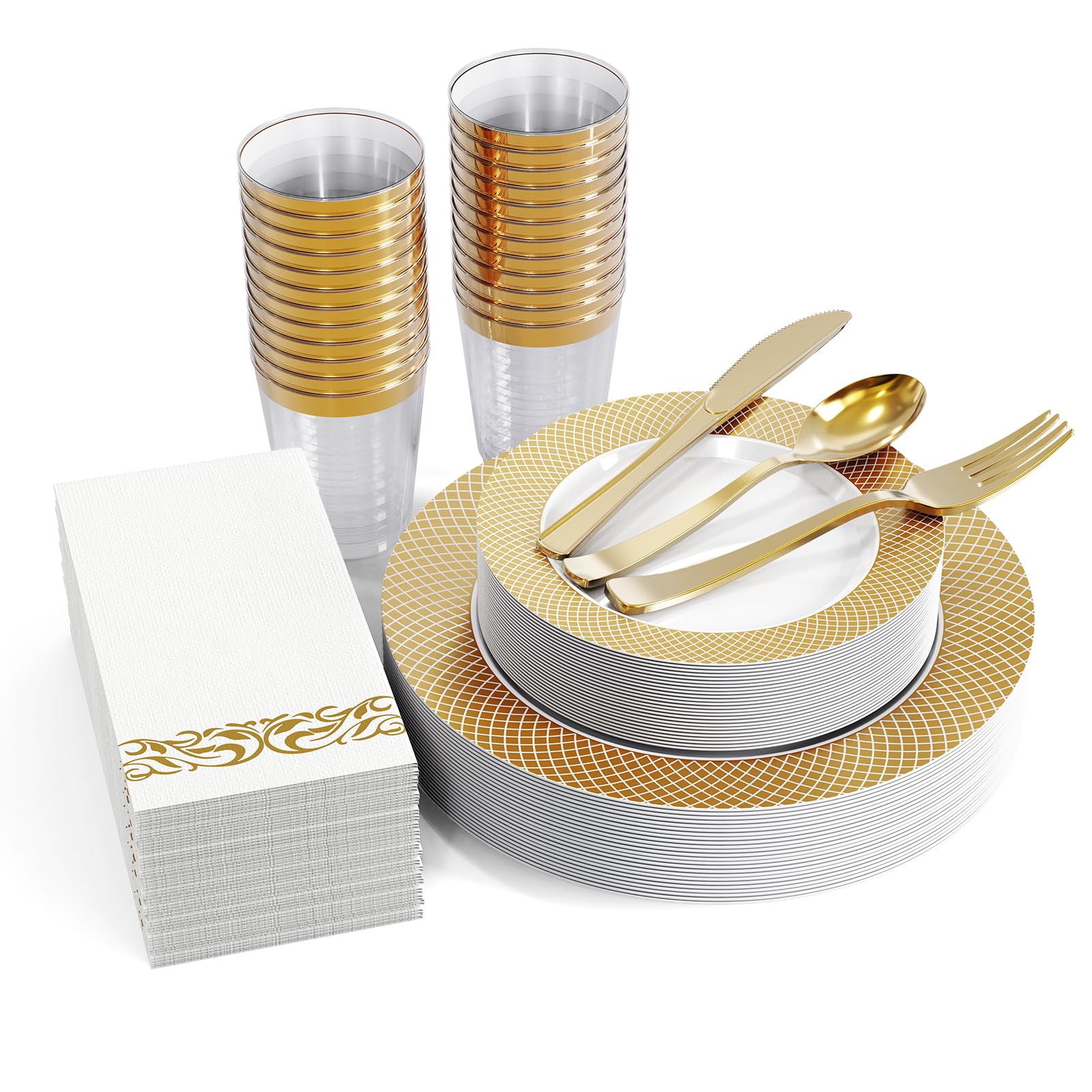 FOCUSLINE 175 Count Gold Dinnerware Set for 25 Guests - Disposable Plastic Plates with Gold Grid, Includes 25 Dinner & Salad Plates, Cups, Napkins, Cutlery Set for Wedding Parties