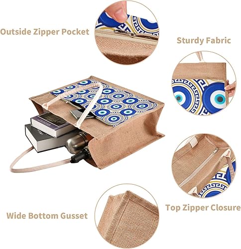 Miniatura 3 de Bolsas de yute blanco con círculos de mal de ojo, bolsa de paja reutilizable para playa, compras, bolsas de comestibles, regalo de boda