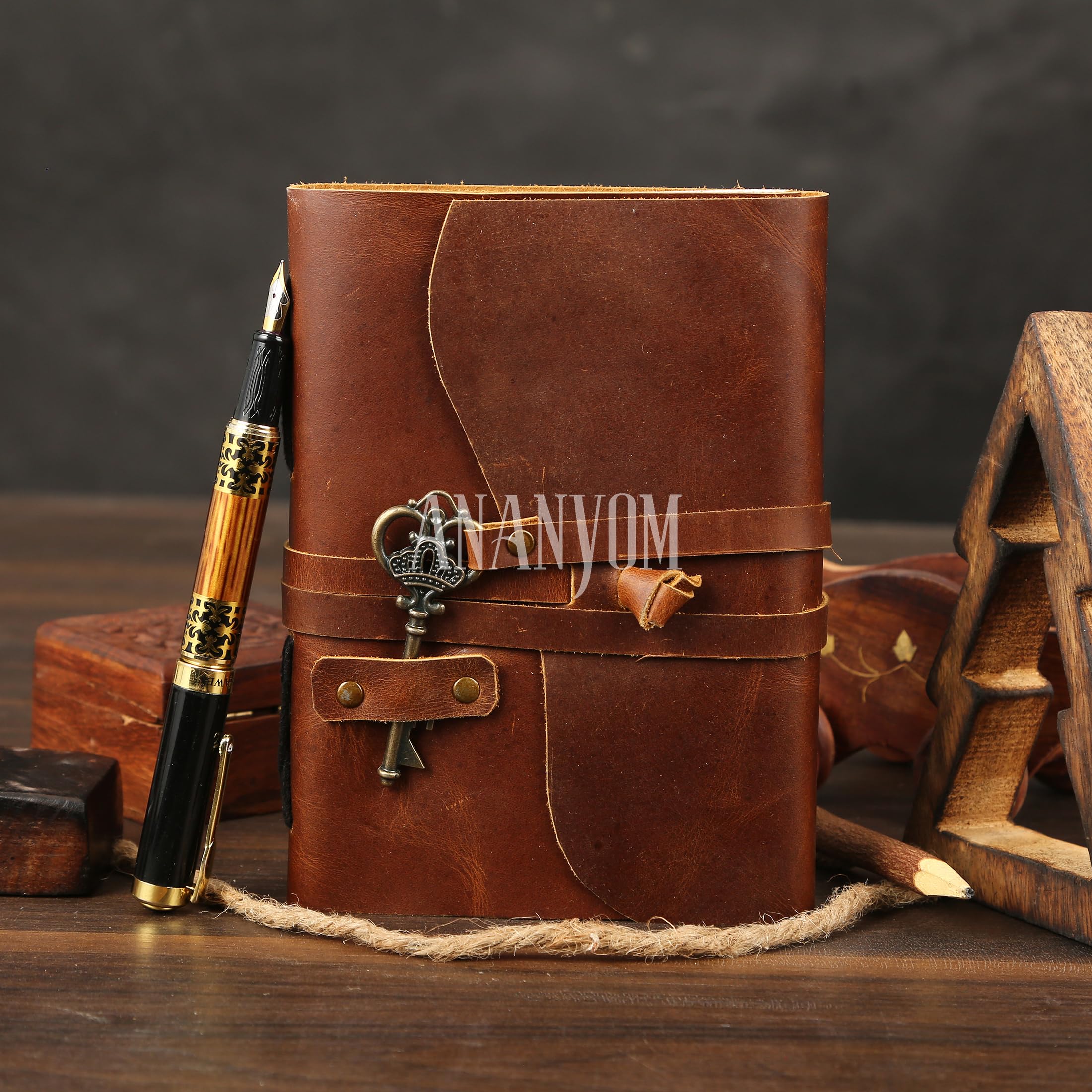 ANANYOM Vintage Leather Journal - 200 Handmade Notebook, Brown, Handmade Paper - 7x5 inch - Image 2