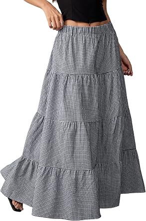Womens Boho Flowy Maxi Skirts Summer A Line Ruffle Long Skirt Elastic High Waist Flared 2026 Vacation Outfits
