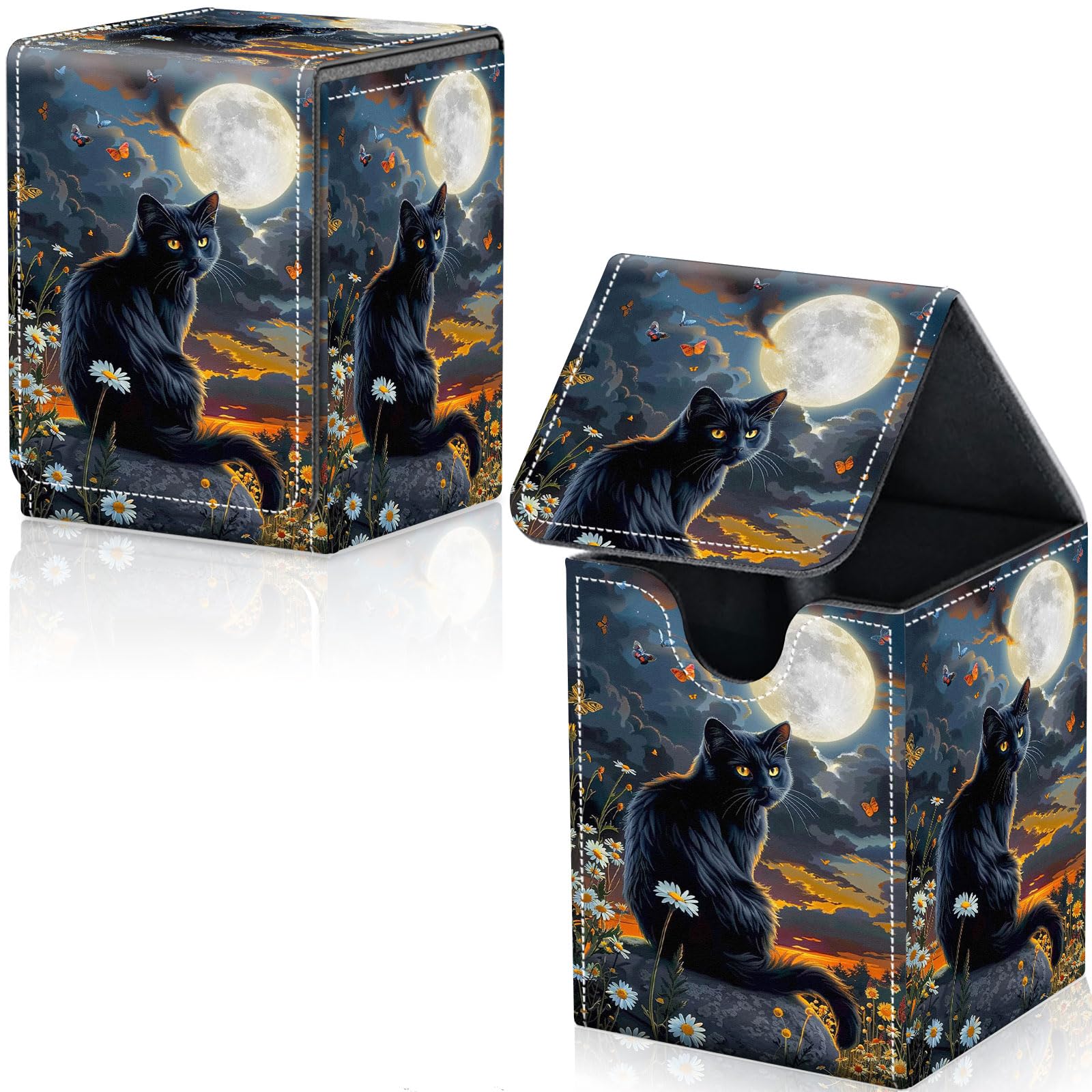 Qindaiwen Card Deck Box for Trading Cards, MTG Deck Box Fits 100+ Single Sleeved Cards, PU Leather Strong Magnet Card Deck Case Holder for Magic Commander TCG CCG, Cat in the Moonlight