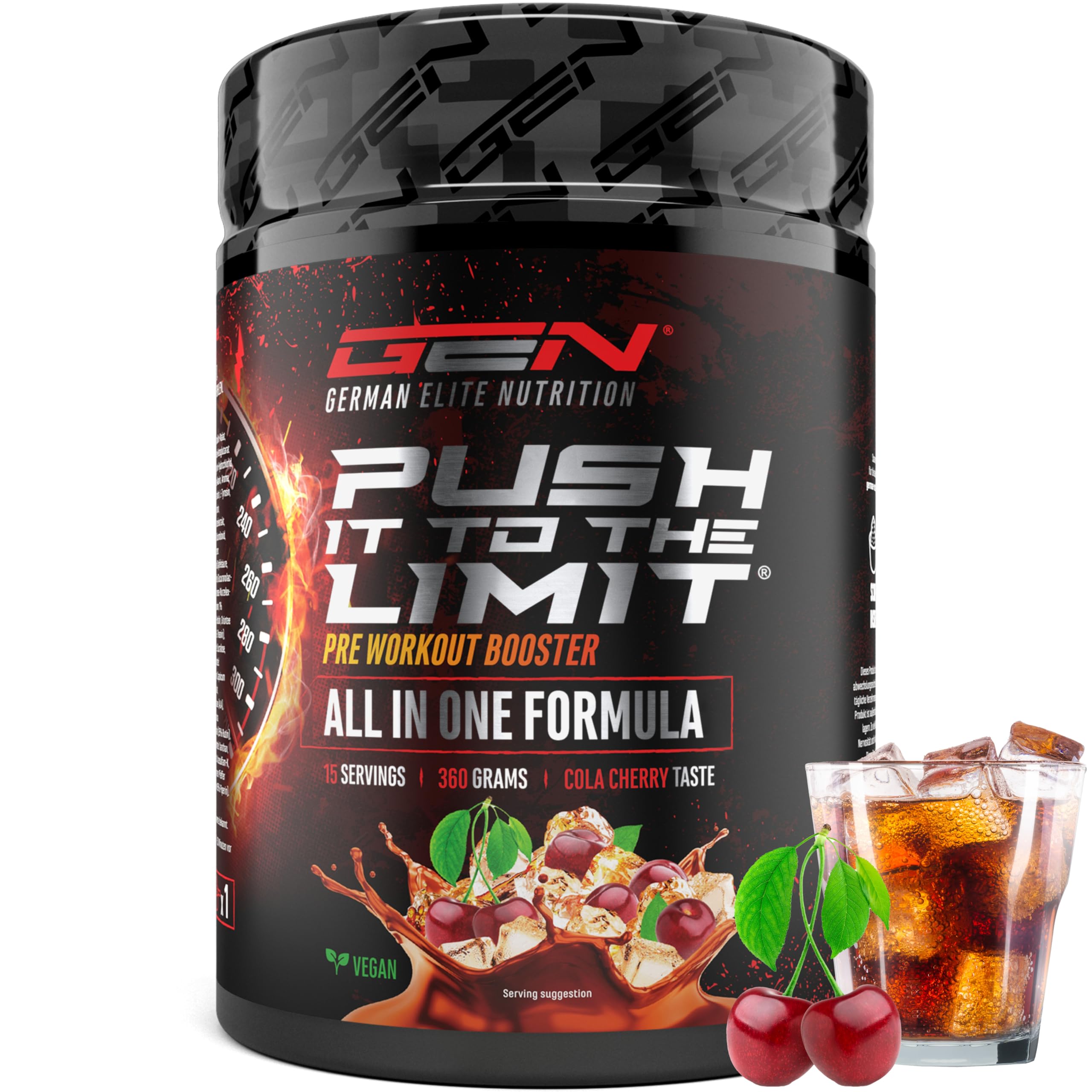GEN GERMAN ELITE NUTRITION Push it to the Limit - Pre Workout - 360 g | Cola Cherry, hochdosiert, L-Arginin, Citrullin & Koffein, L-Tyrosin, L-Theanin, L-Carnitin, AAKG, Taurin, Rhodiola