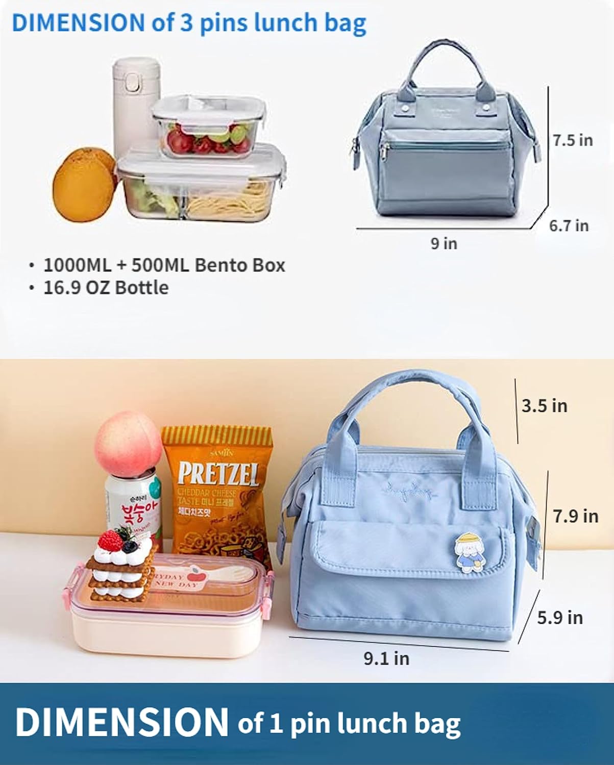 RICHTRUE Kawaii Lunch Bag for Girls Lunch Box Insulated Cute Lunch Bags for Women Insulated Lunch Box for Kids (Blue-3 pins) - Image 4