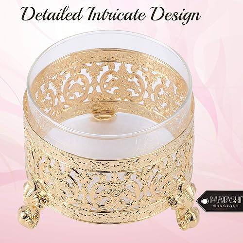 Miniatura 4 de Matashi 24K Gold Plated Sugar Bowl Honey Dish Glass Bowl - Detailed Intricate Design and Flower on Cover with Crystal Studded Spoon Great Gifts idea