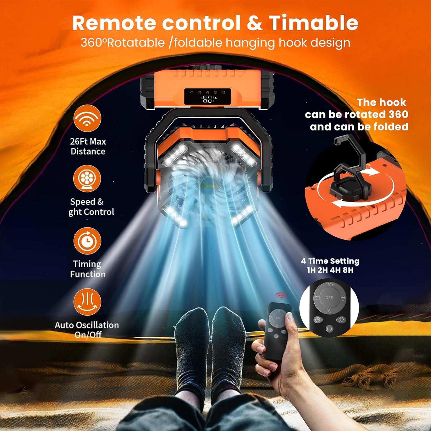 Featwell Camping Fan with Touchscreen & Built-in Light, 20000mAh Portable Fan with 5 Speeds Powerful Airflow, Ventilador Recargable for Tent, Camping, Fishing, Picnic (Orange)