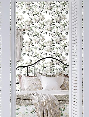 Miniatura 7 de Blooming Wall DPYB26 - Papel tapiz autoadhesivo con diseño de magnolia blanca y pintura al óleo fresca, papel pintado prepegado, decoración de pared