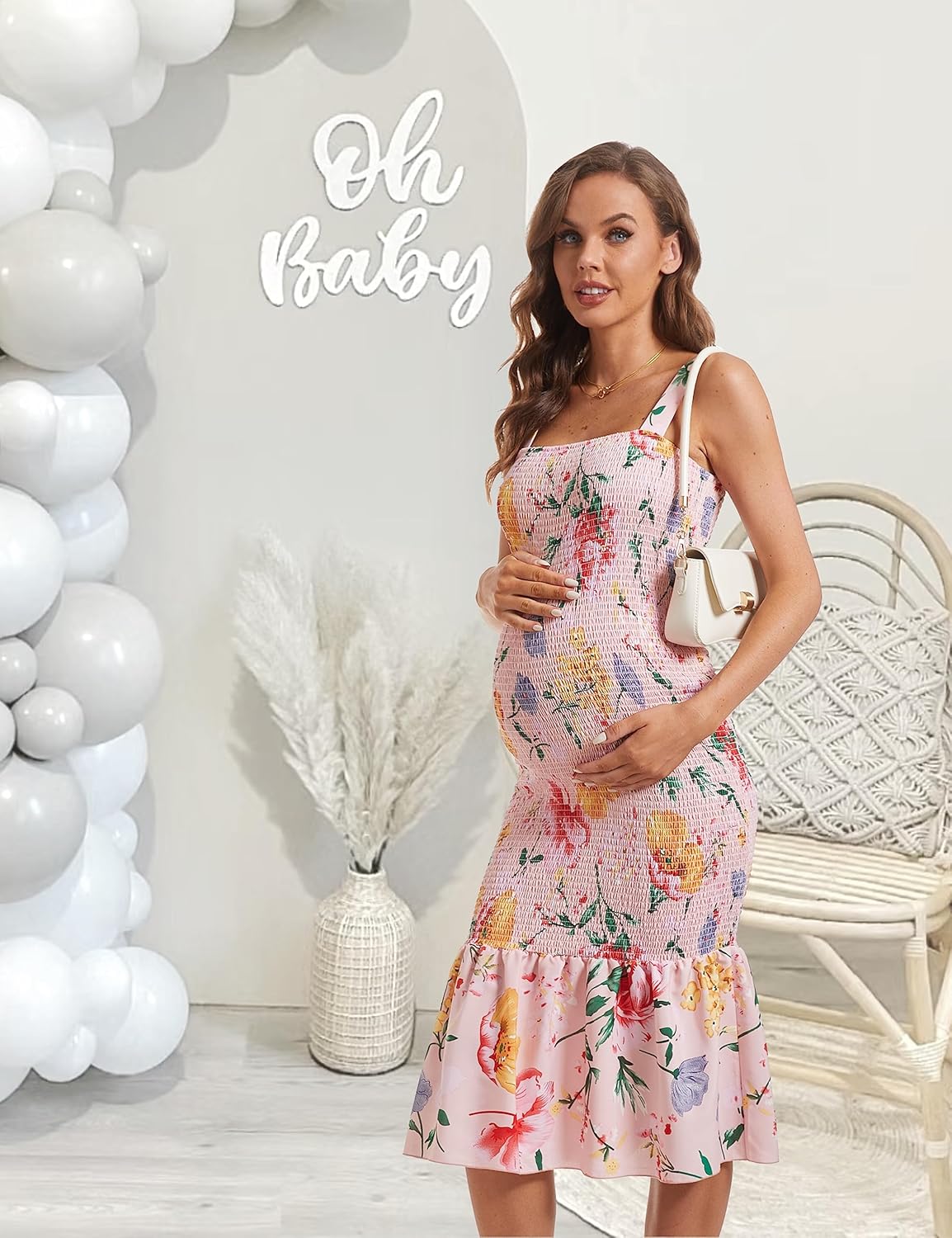 Summer Tank Maternity Dress Sleeveless Strappy Floral Midi Bodycon Square Neck Ruffle Mermaid Smocked Dress for Baby Shower - Image 3