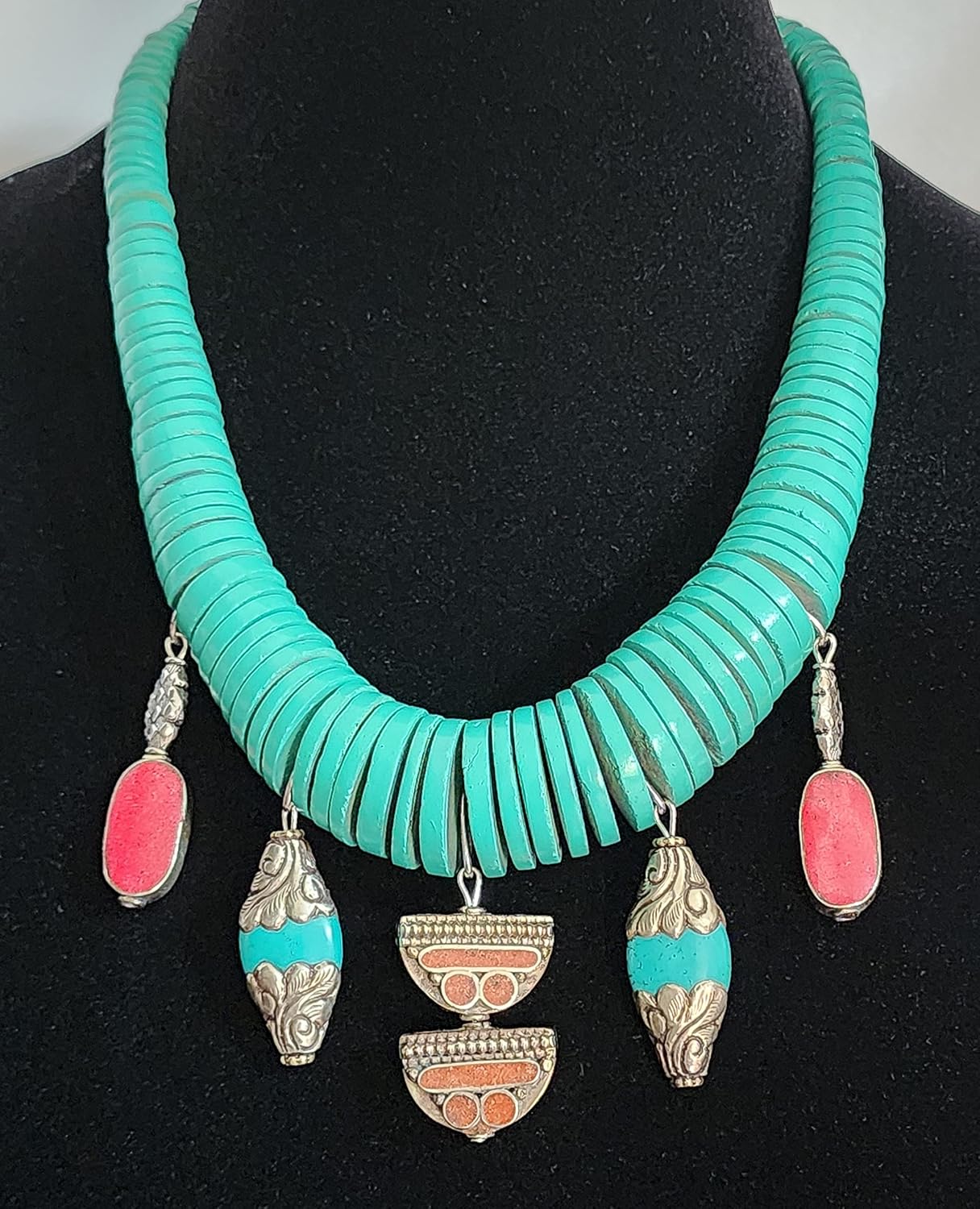 Carved Graduated Wood Handmade Necklace Earrings Nepal Gemstone Turquoise Coral Lapis Beads