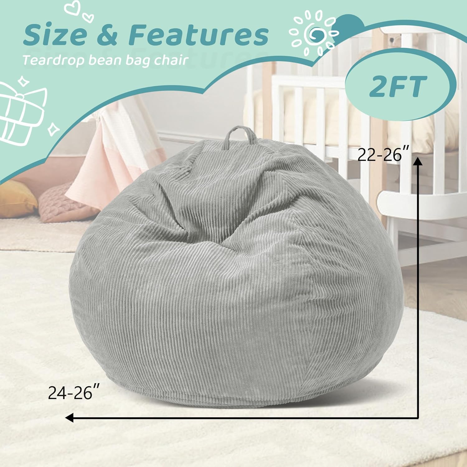 2FT Bean Bag Chair: 2' Bean Bags with Memory Foam Filled,Comfy Beanbag Chairs Teardrop Bean Bag Sofa with Corduroy Cover, Light Grey