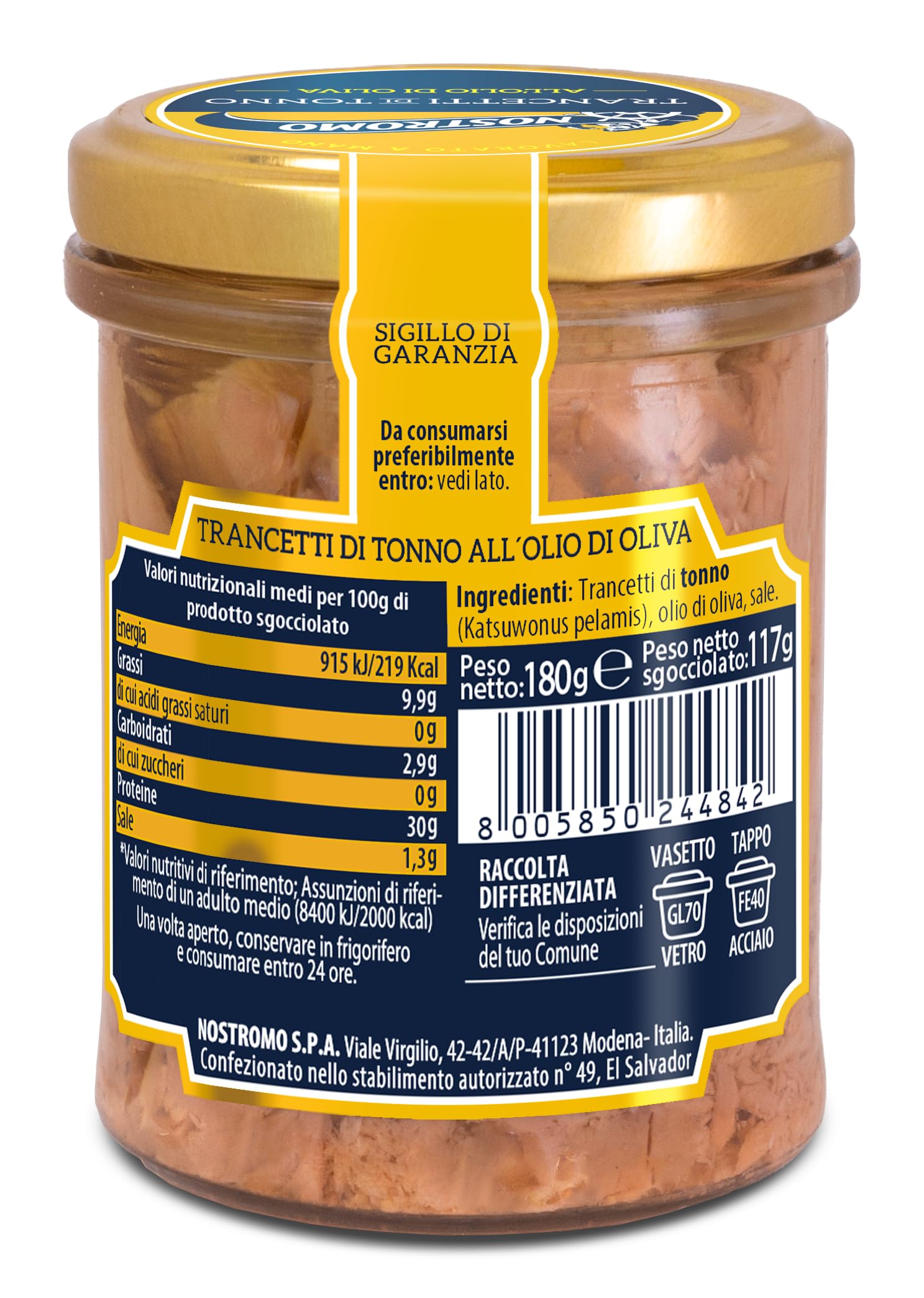 Nostromo - Trancetti di tonno all'olio di oliva, 6 vasetti da 180gr. Qualità superiore, lavorati a mano, fonte di Omega 3