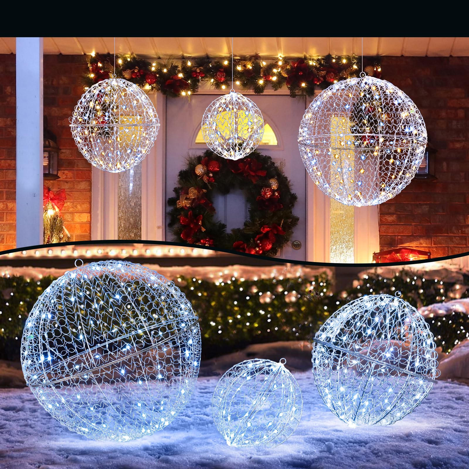 COSTWAY 3er Set LED Dekokugel, LED Kugeln zum Hinhängen & Hinstellen, Leuchtkugel mit 435 LEDs, 3 Lichtfarben & 8 Modi, Deko Kugeln, Weihnachtsdeko, Weihnachtsbeleuchtung für innen und außen