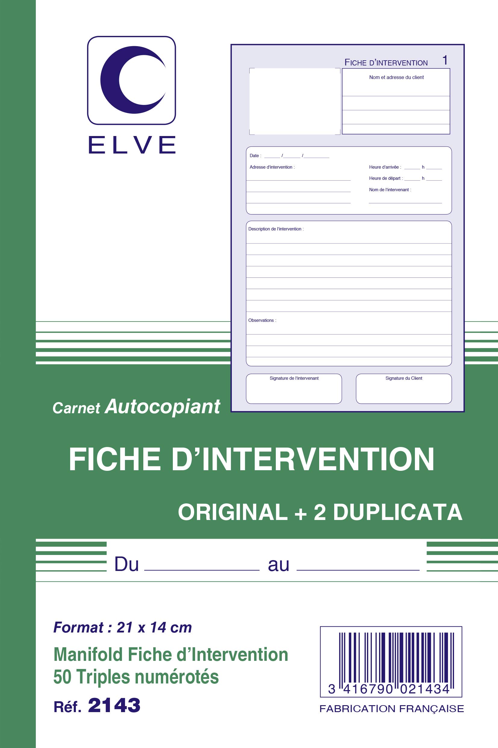 ELVE LV2143 Lot de 10 Carnets Autocopiants Fiches d'intervention Format A5 avec 50 Triplicata