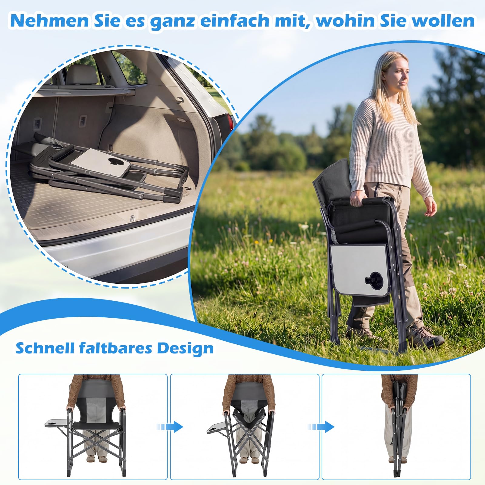 COSTWAY Regiestuhl klappbar, Campingstuhl mit Seitentisch, Seitentasche & Getränkehalter, Angelstuhl bis 180 kg belastbar, tragbarer Klappstuhl für Camping, Picknick & Festival (Schwarz + Grau)