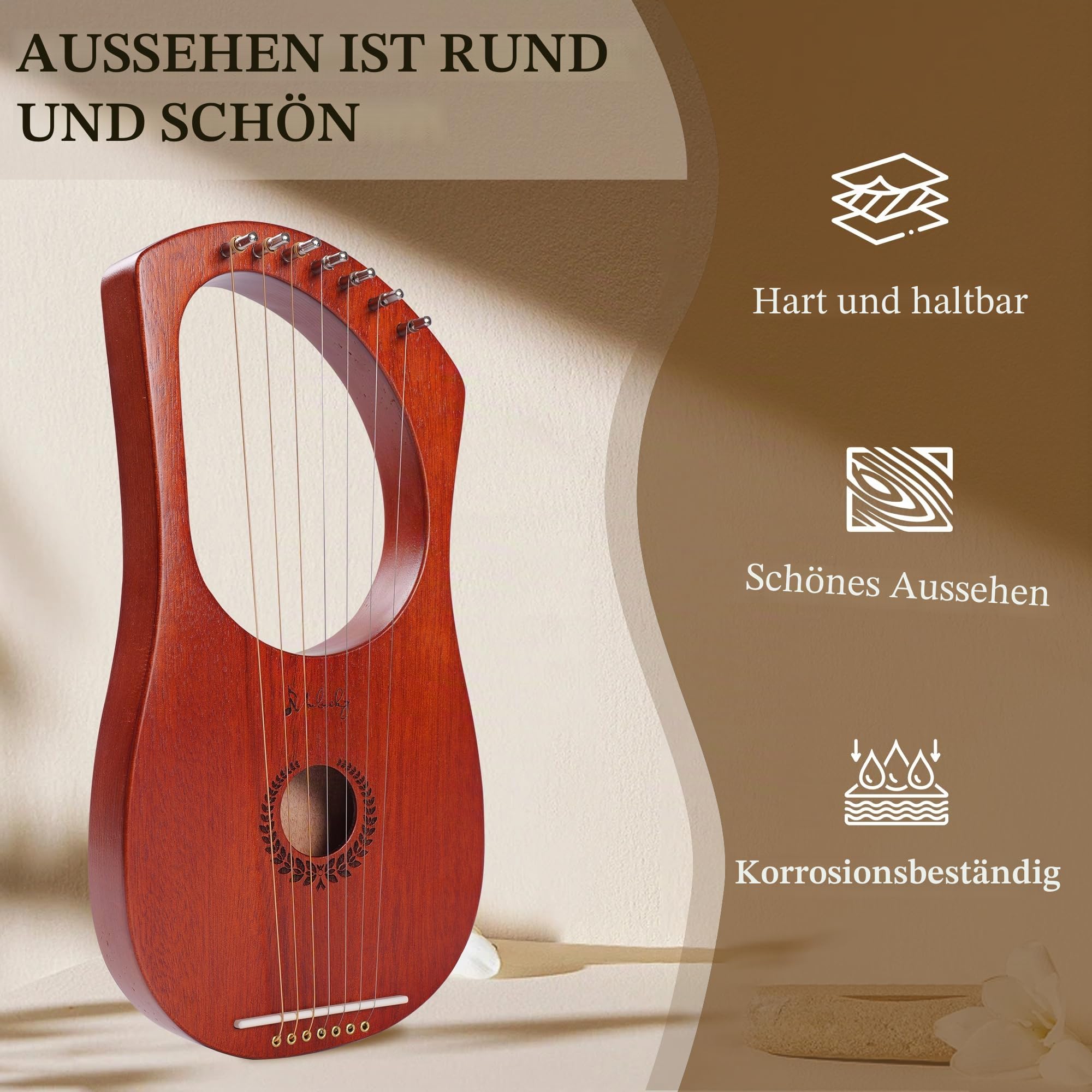 Mulucky Lyre Harp 7 Metall-Stahlsaiten Knochen Sattel Mahagoni Lyre Instrument mit Stimmschlüssel und schwarzer Gigbag - MLH701