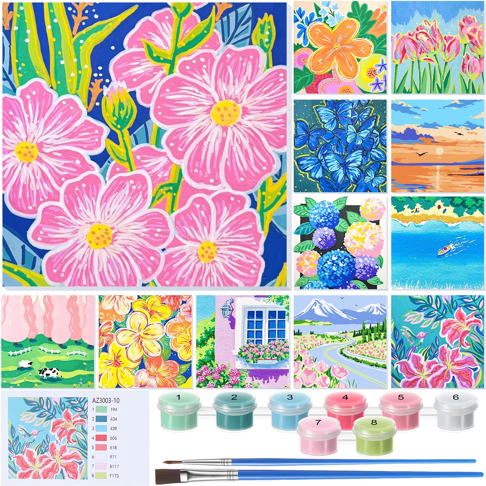 Nezyo 12 set di pittura con numeri, kit con cornice per adulti principianti, pittura acrilica fai da te con numeri, tela per pittura, feste, attività in classe, regalo di compleanno, 20 x 20 cm