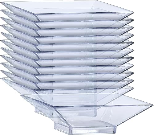 Mini plato cuadrado transparente (2 onzas, paquete de 12) Platos de plástico elegantes y desechables para aperitivos, fiestas, celebraciones y